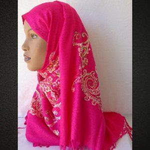 Hot Pink Embroidered Scarves Sequined Hijab 26 x 70 Shawl Shoulder Wrap